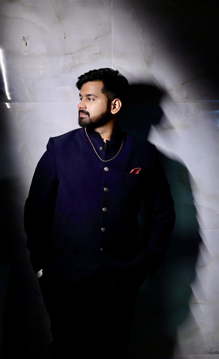 Editorial groom portrait, matte finish and styled beard — Navi Mumbai